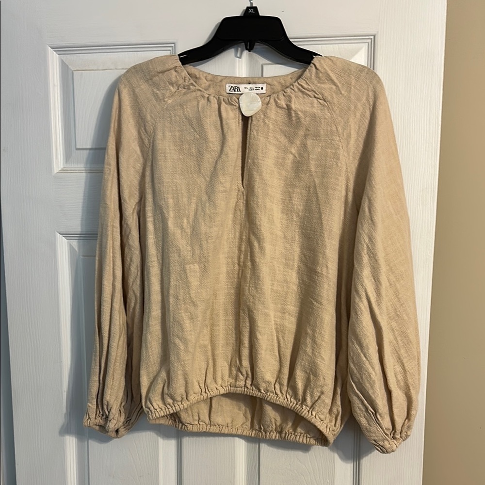 Zara Tan Puff Sleeve Blouse Relaxed Style
